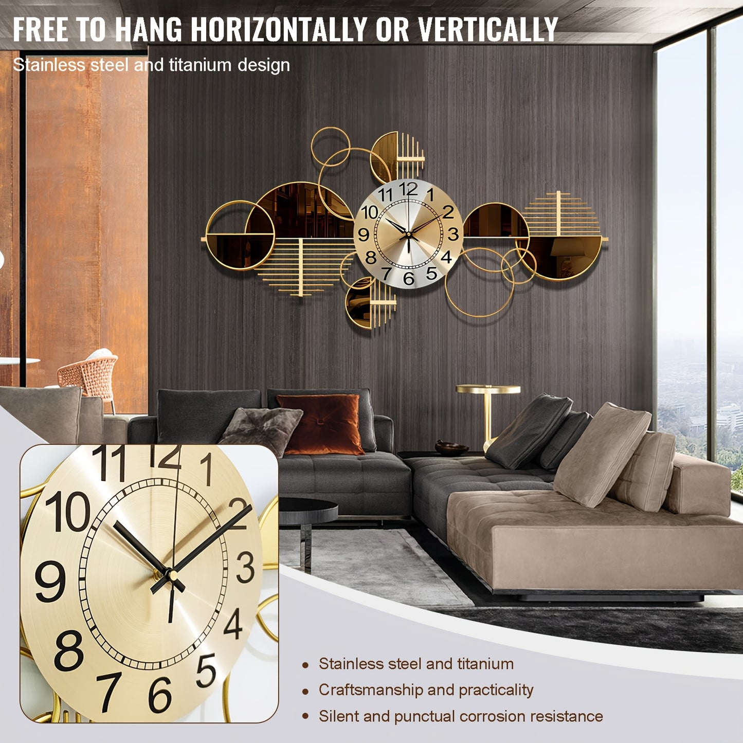 Large 31" x 17" Silent Modern Metal Wall Clock | 3D Decorative Wall Timepiece