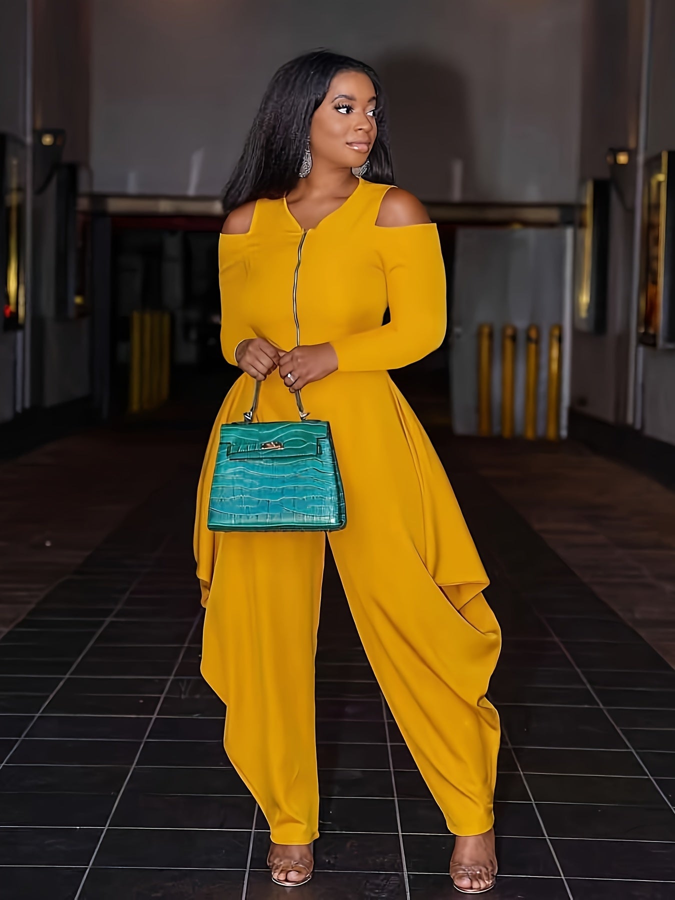 Fashionable Solid Color Off-Shoulder Zip-Up Jumpsuit