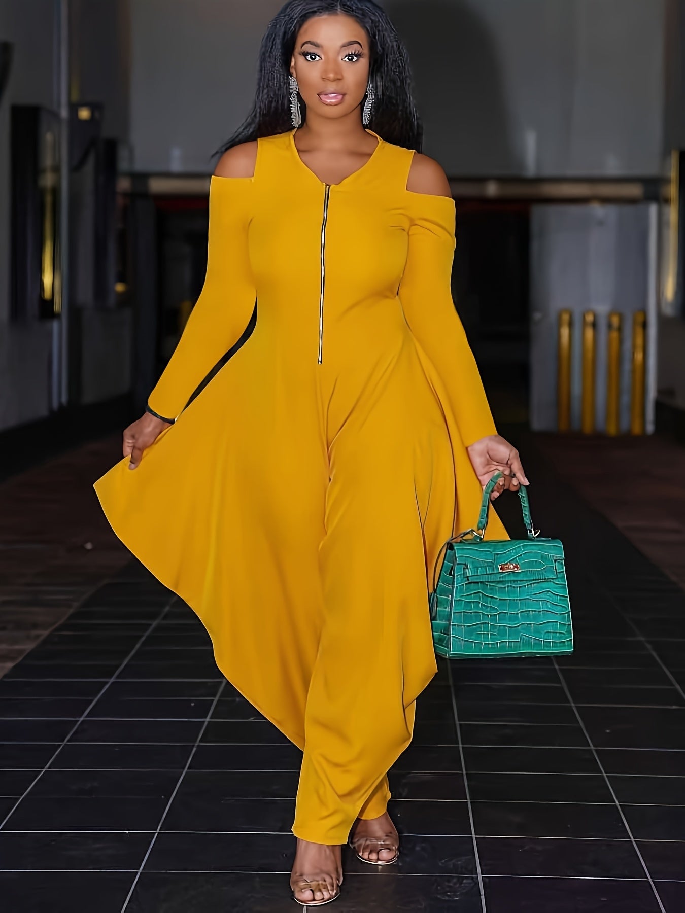 Fashionable Solid Color Off-Shoulder Zip-Up Jumpsuit