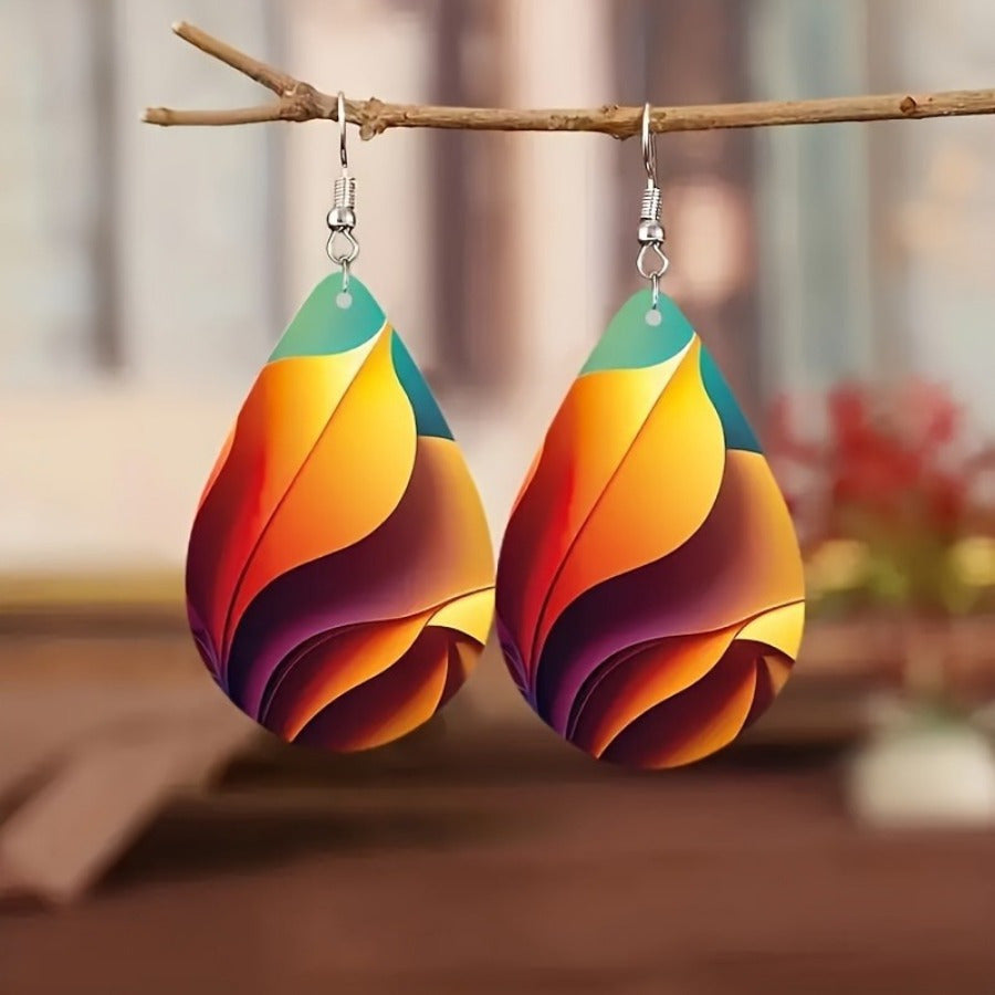 2 Pc Bohemian Minimalist Double-Sided Water Drop Earrings with Marbled & Glitter Design