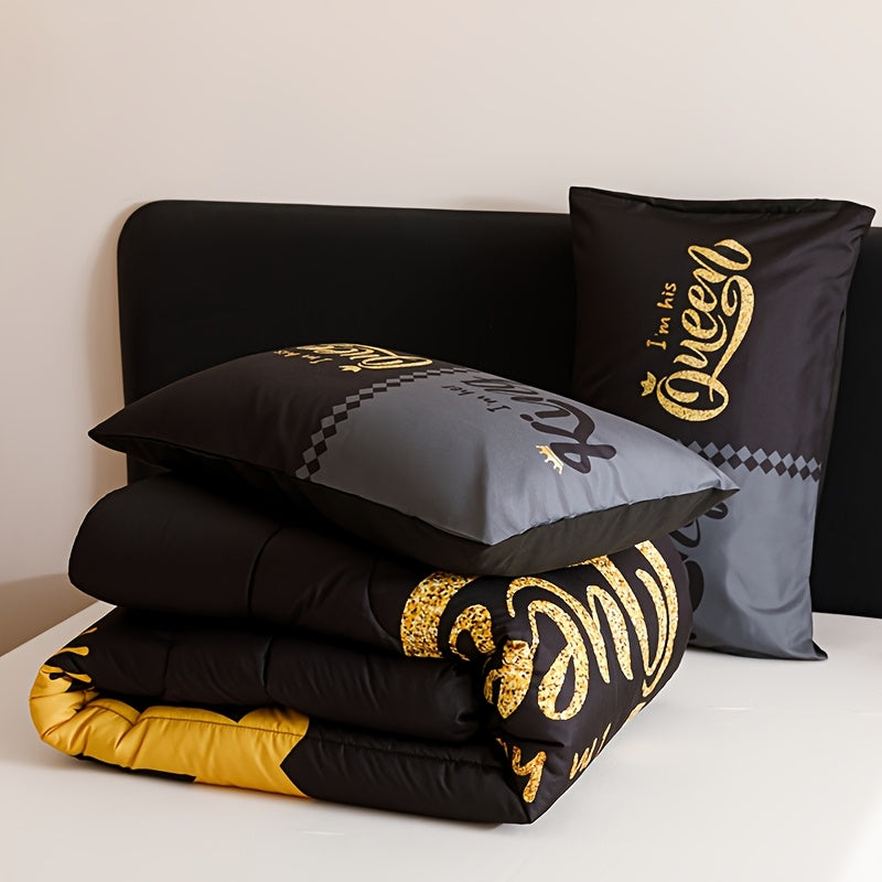 3pcs Super Soft Breathable Quilt Set – Black & Grey Color Blocking