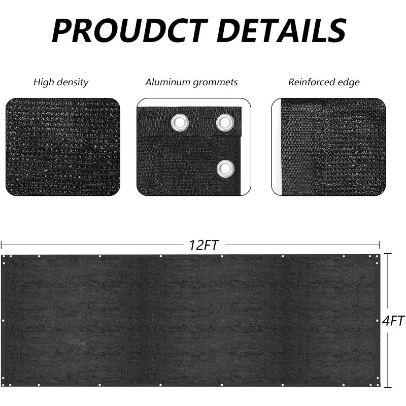Heavy Duty 4ft x 12ft Privacy Fence Screen – Black Mesh Shade Cloth with 90% UV Protection