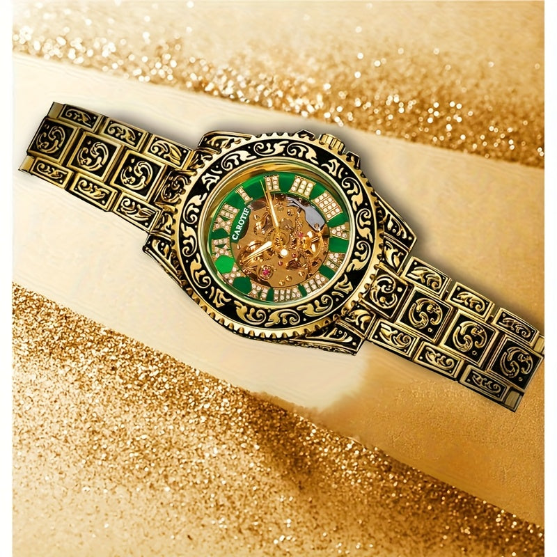 1pc Men's Red Steel Belt Retro Style Mechanical Watch – Luminous & Carved Design