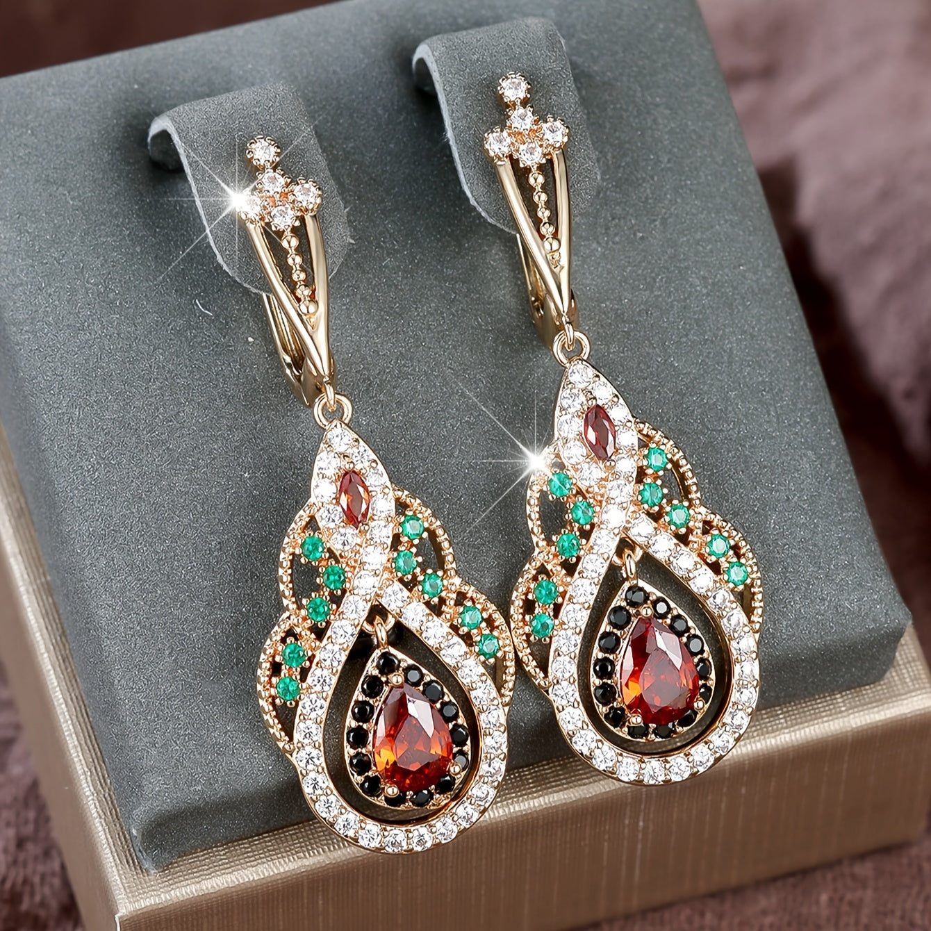 1 Pair Synthetic Zirconia Delicate Bohemian Multi-Color Champagne Golden Women’s Earrings
