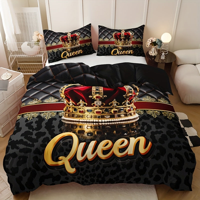 3pcs Crown Queen Leopard Print Quilt Cover Set