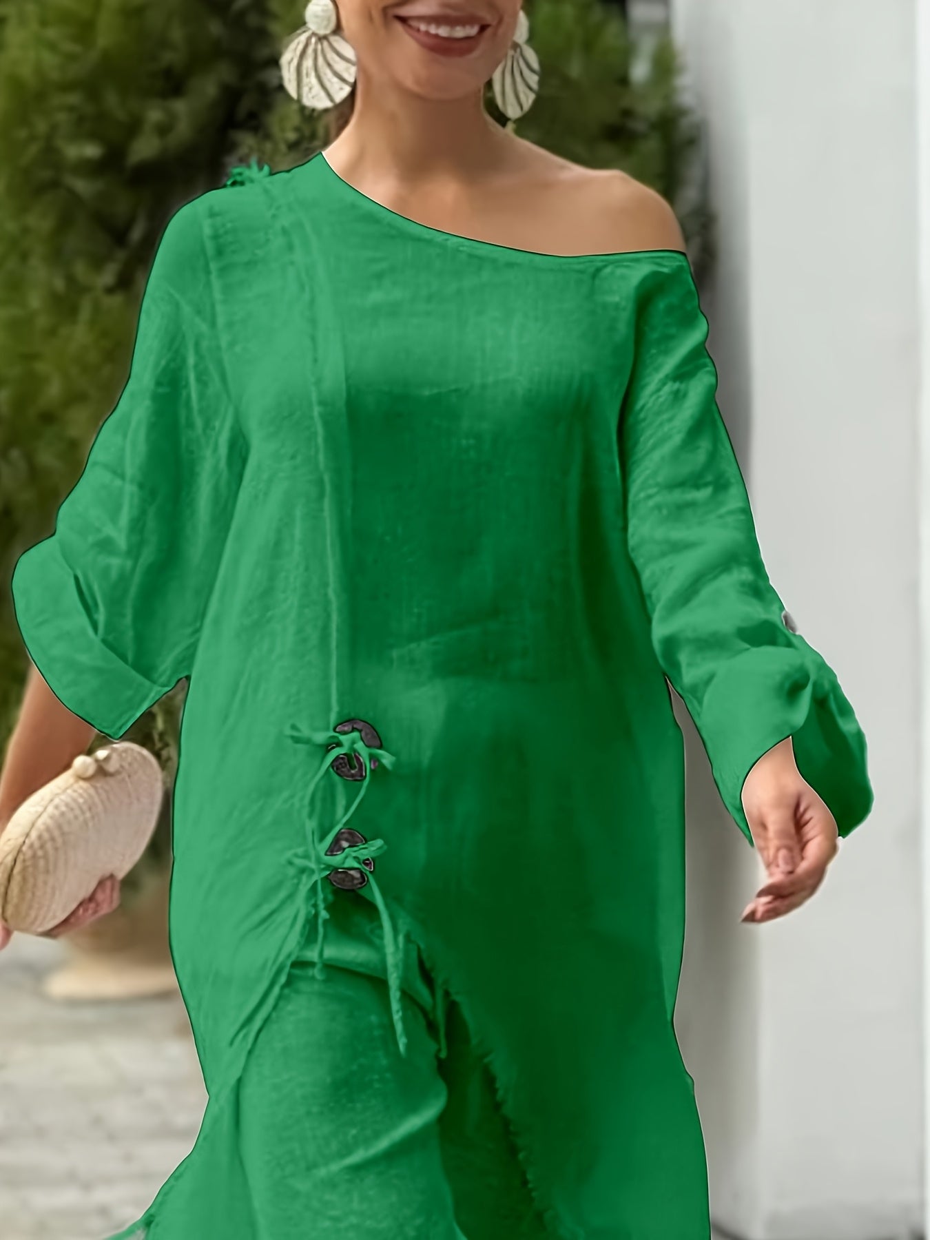 2pcs Strapless Long Sleeve Tie Slit Top And Casual Wide Leg Pants Set