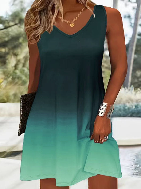 Printed Fashion Casual Sleeveless V-neck Gradient Color Strap Dress