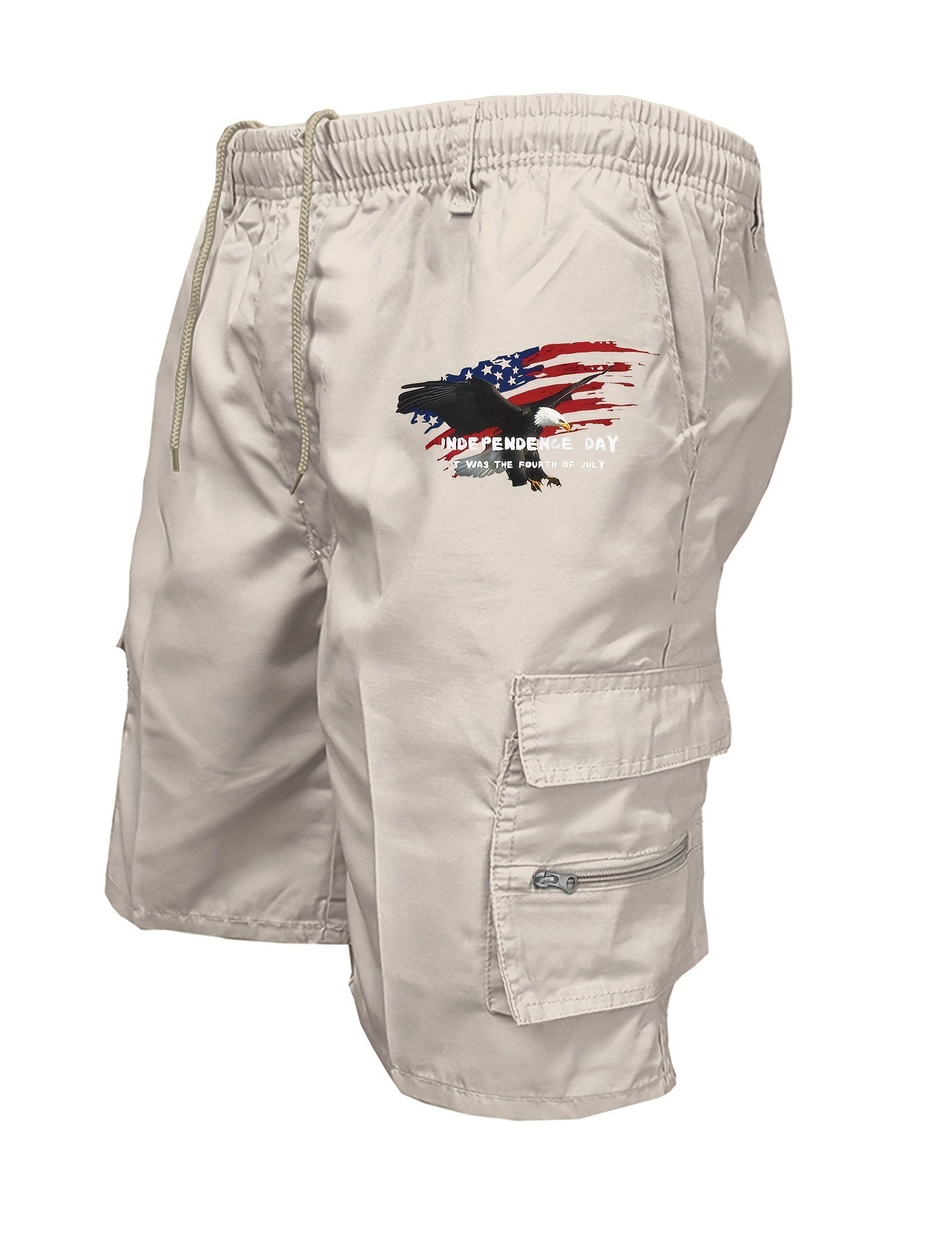 Eagle Print Loose Fit Elastic Cargo Shorts