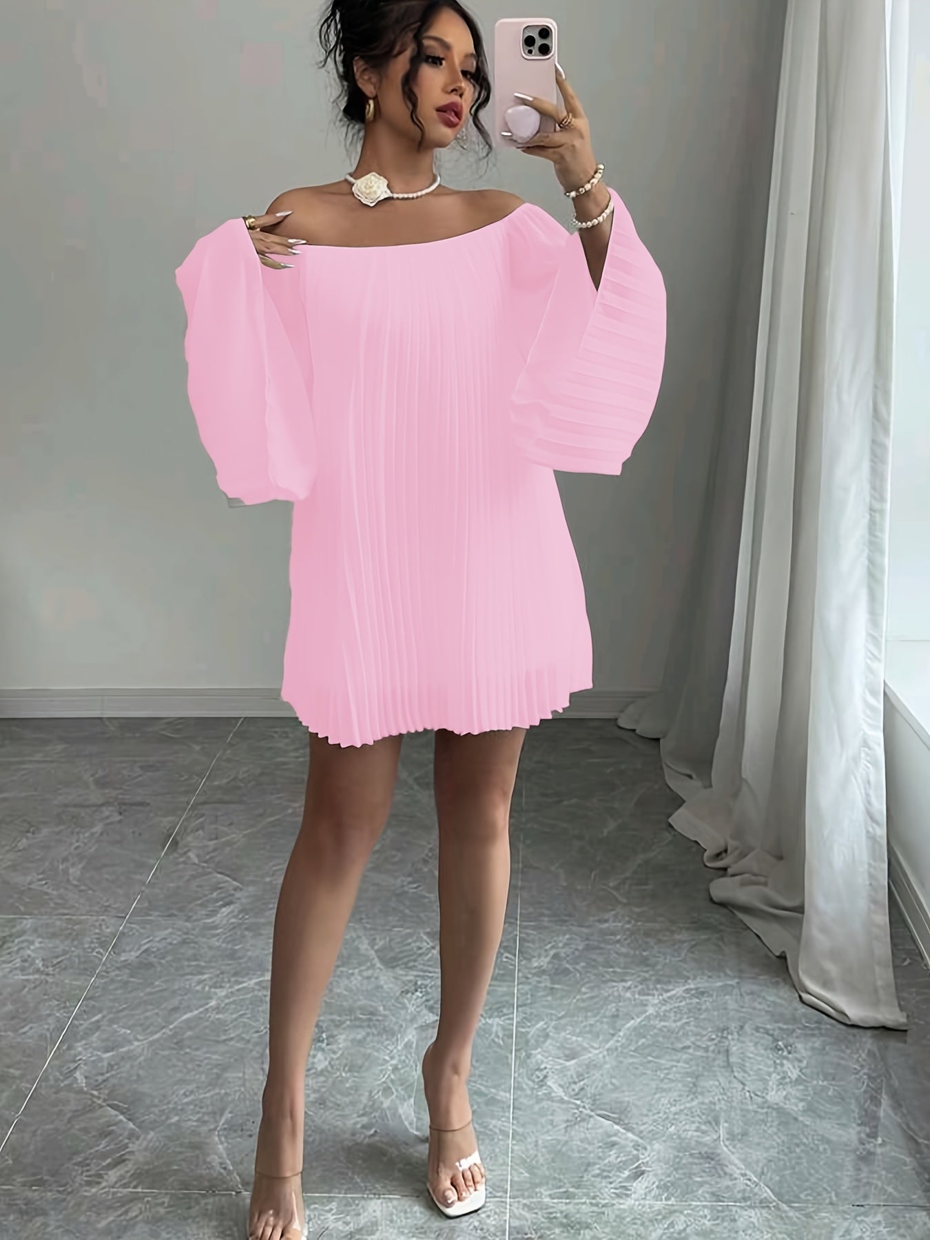 Elegant Chiffon Dress | Off-Shoulder Long-Sleeve with Pleats for Women
