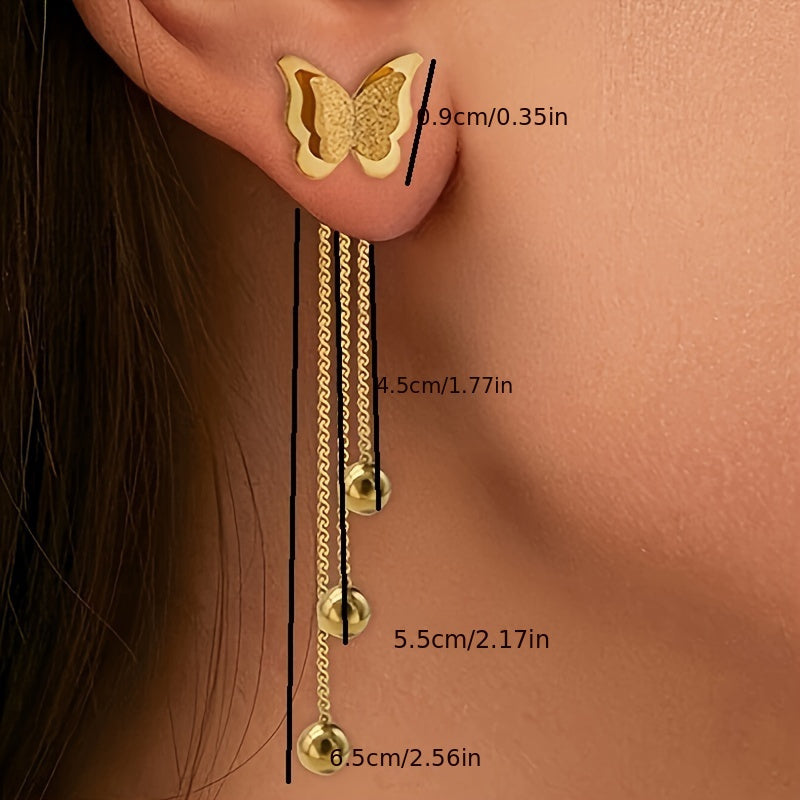 1 Pair Golden Stainless Steel Butterfly Tassel Earrings