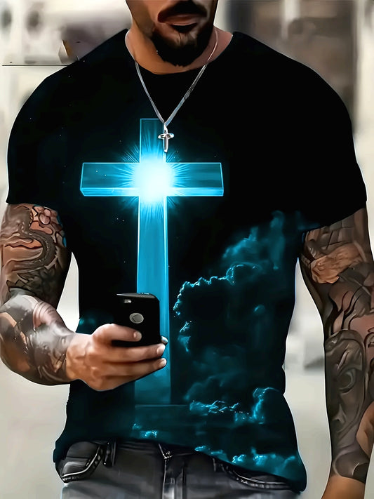Men's Oversized Blue Shirt – Retro 3D Print with Cross Design