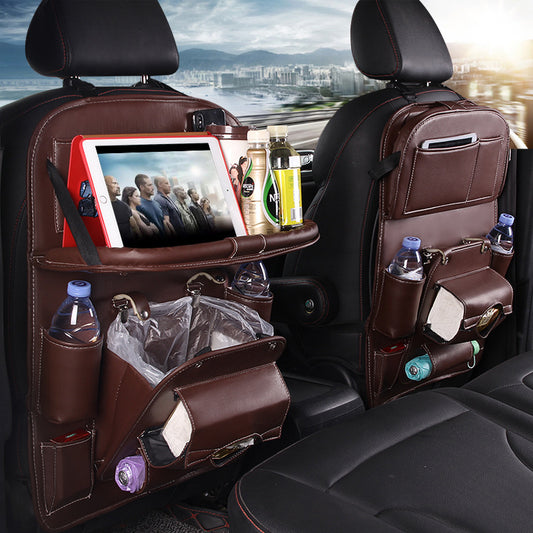 PU Leather Car Storage Bag – Multifunctional Seat Back Organizer with Foldable Tray