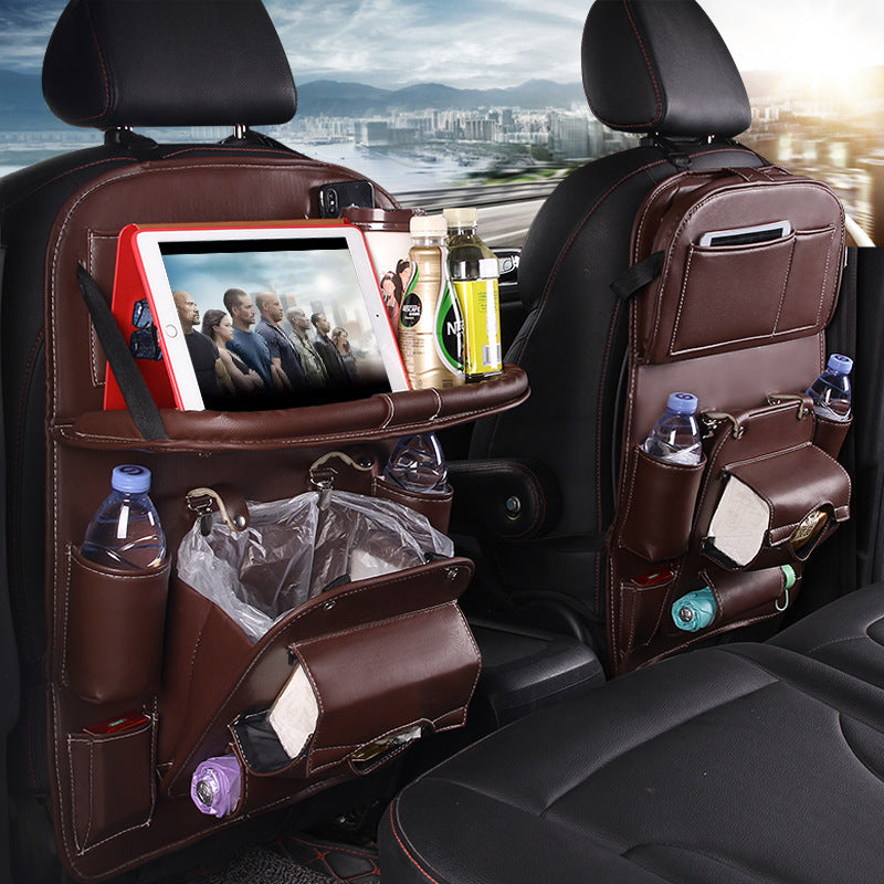 PU Leather Car Storage Bag – Multifunctional Seat Back Organizer with Foldable Tray