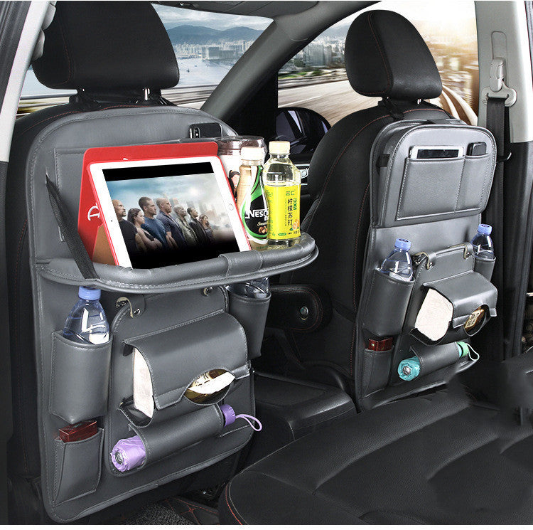PU Leather Car Storage Bag – Multifunctional Seat Back Organizer with Foldable Tray