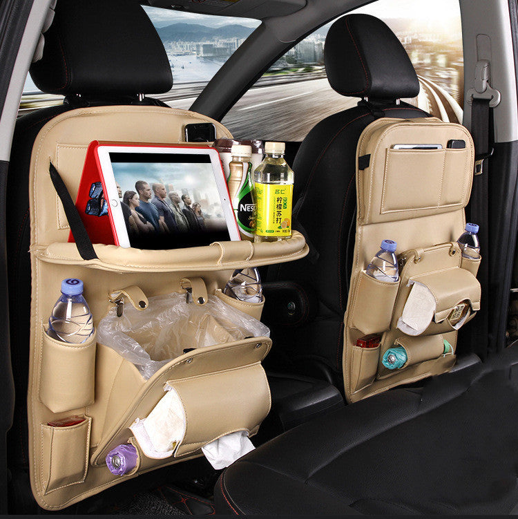 PU Leather Car Storage Bag – Multifunctional Seat Back Organizer with Foldable Tray