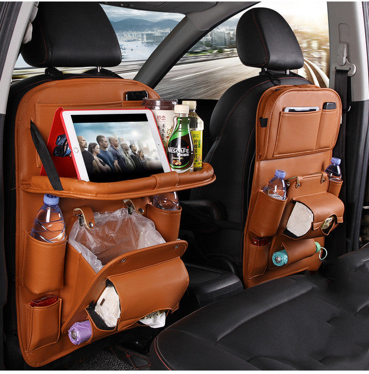 PU Leather Car Storage Bag – Multifunctional Seat Back Organizer with Foldable Tray
