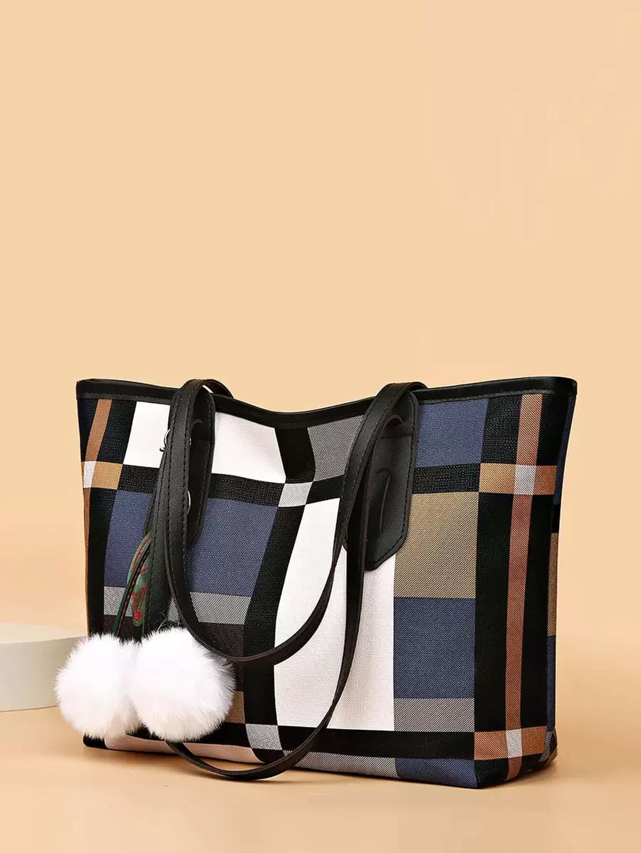 Plaid Pattern Shoulder Tote Bag