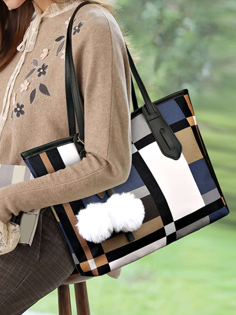 Plaid Pattern Shoulder Tote Bag