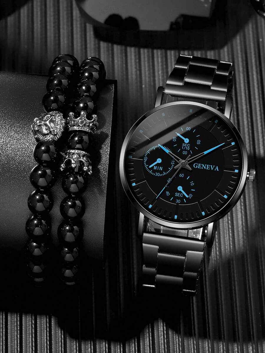 3PCS Men’s Quartz Watch & Bracelet Set – Steel Strap Watch with Lion Crown Bead Bracelet