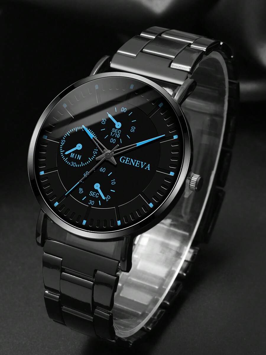 3PCS Men’s Quartz Watch & Bracelet Set – Steel Strap Watch with Lion Crown Bead Bracelet