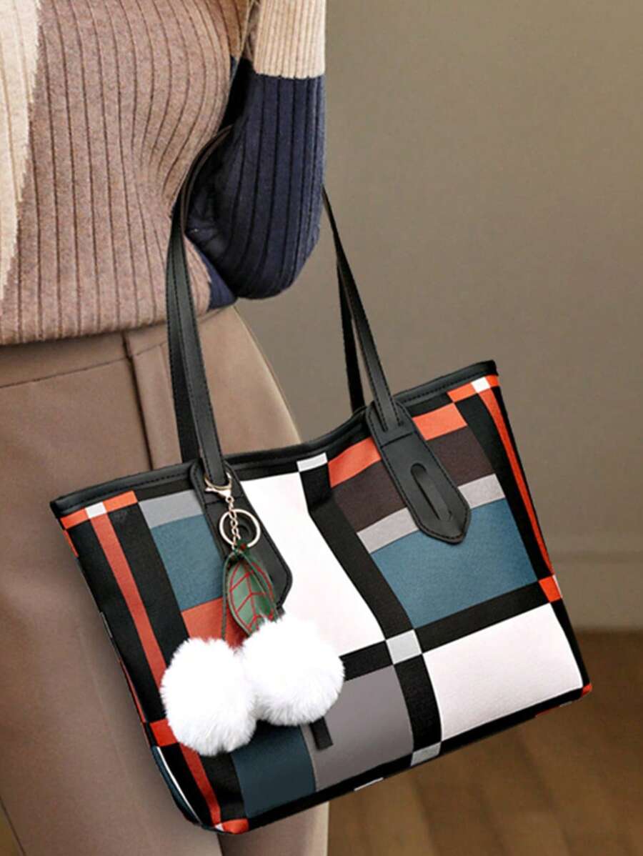 Plaid Pattern Shoulder Tote Bag