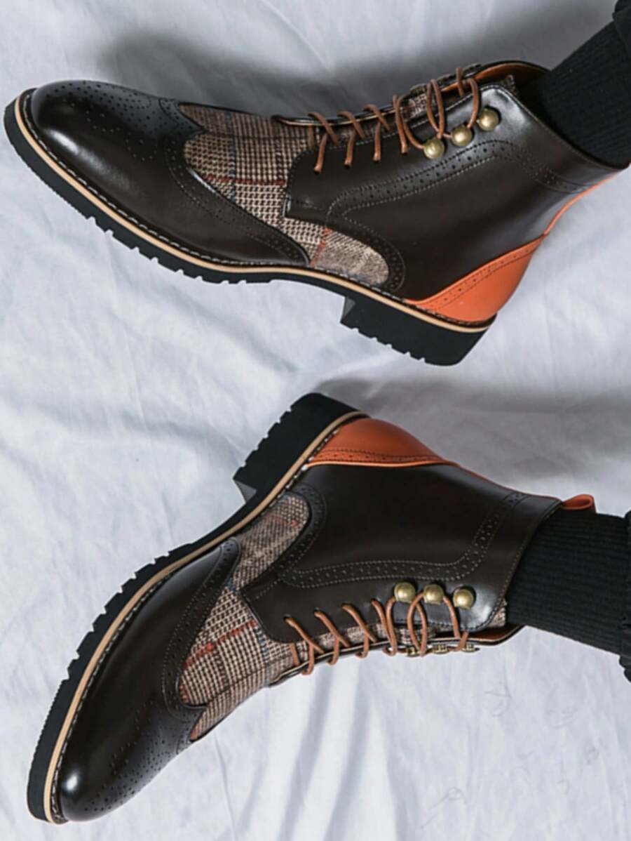 Men's British Style Ankle Boots, Color Patchwork High-Top Leather Boots