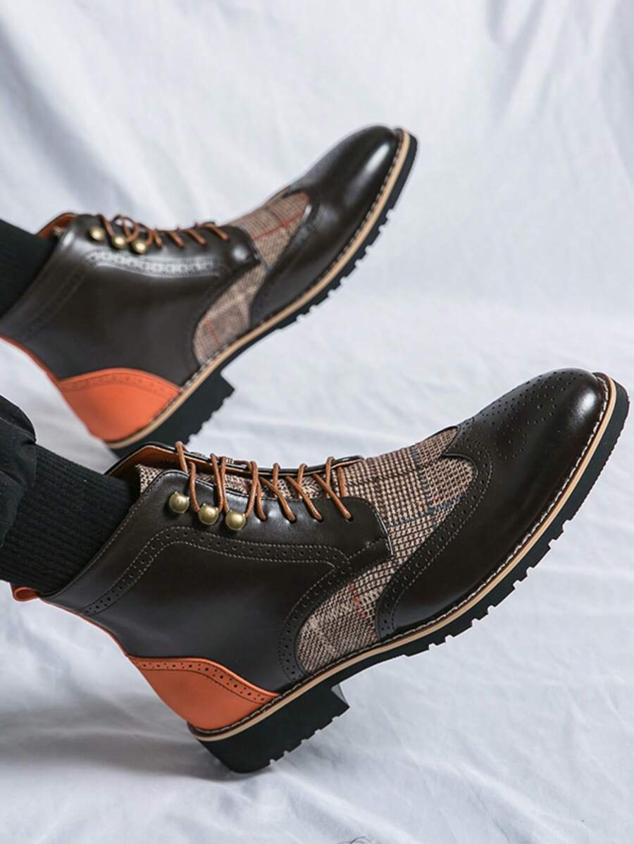 Men's British Style Ankle Boots, Color Patchwork High-Top Leather Boots