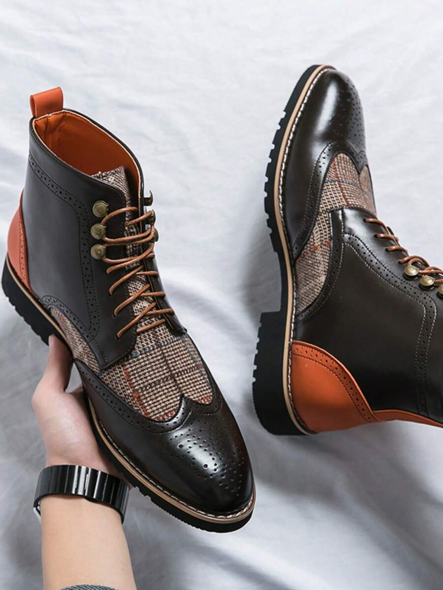 Men's British Style Ankle Boots, Color Patchwork High-Top Leather Boots