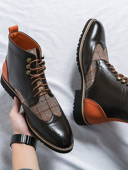 Men's British Style Ankle Boots, Color Patchwork High-Top Leather Boots
