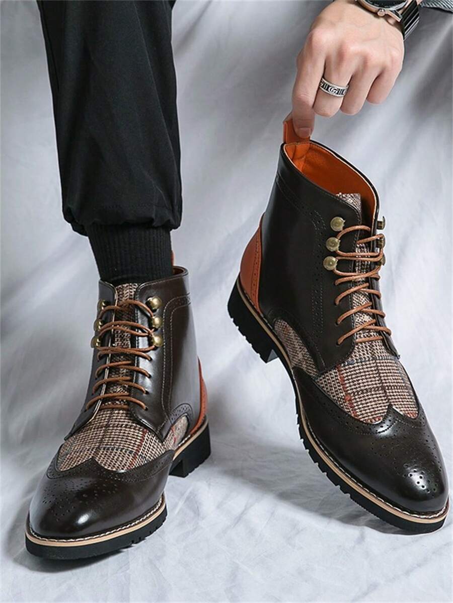 Men's British Style Ankle Boots, Color Patchwork High-Top Leather Boots