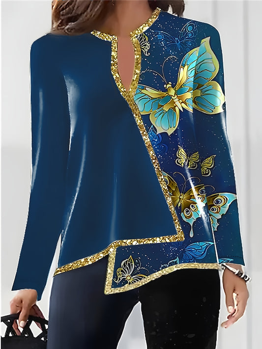 Women's Butterfly Print T-Shirt with Notched Neck – Long Sleeve, Contrast Trim