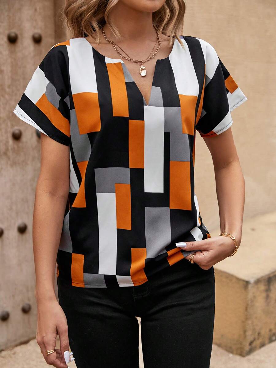 EMERY ROSE Geometric Print Notched Collar Shirt