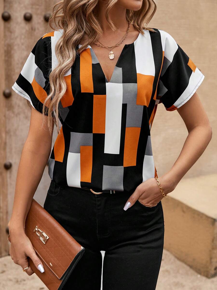 EMERY ROSE Geometric Print Notched Collar Shirt