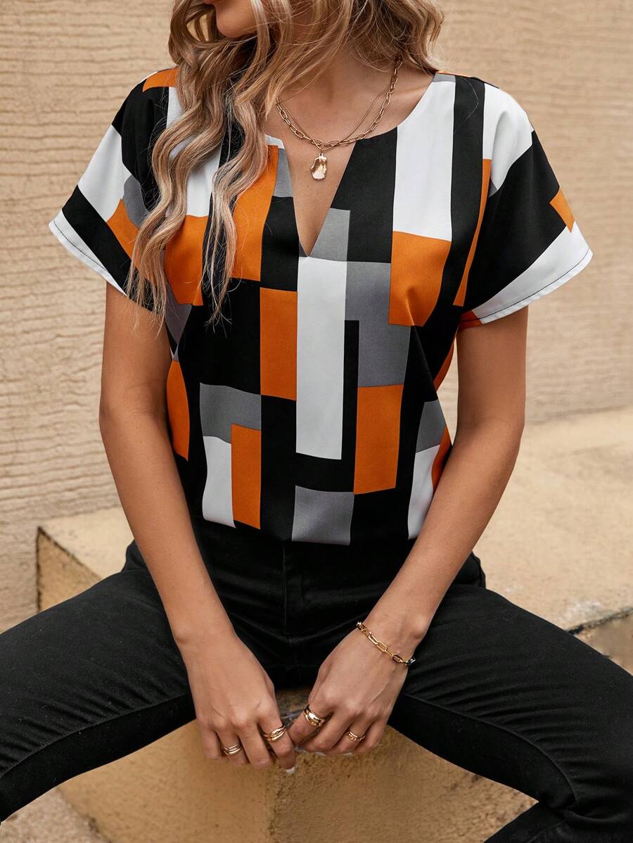 EMERY ROSE Geometric Print Notched Collar Shirt