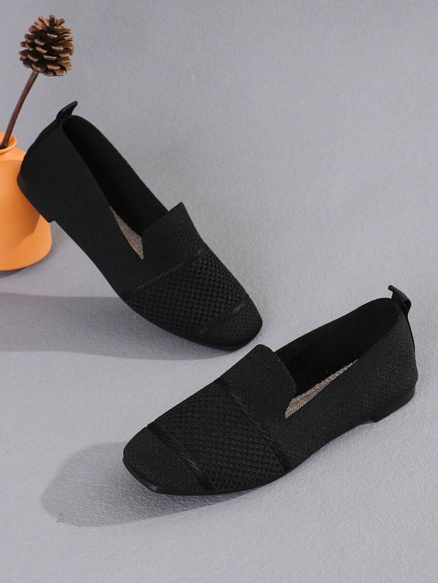 Women's Knitted Flat Loafers, Comfortable Square Toe Dolly Shoes, Breathable Mother Shoes For Spring/Autumn