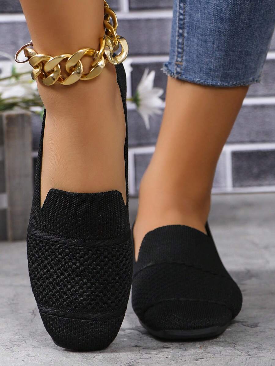 Women's Knitted Flat Loafers, Comfortable Square Toe Dolly Shoes, Breathable Mother Shoes For Spring/Autumn
