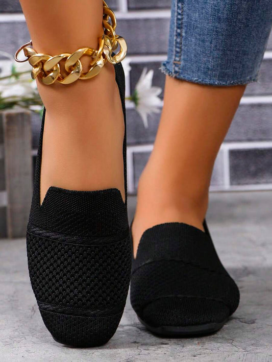 Women's Knitted Flat Loafers, Comfortable Square Toe Dolly Shoes, Breathable Mother Shoes For Spring/Autumn