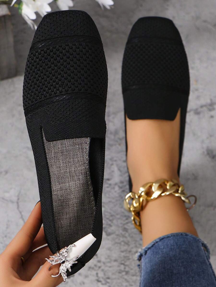 Women's Knitted Flat Loafers, Comfortable Square Toe Dolly Shoes, Breathable Mother Shoes For Spring/Autumn