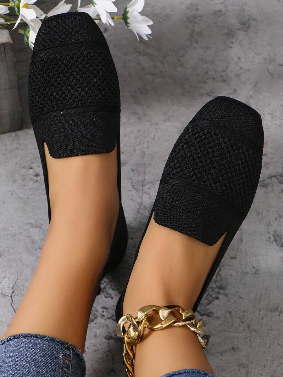 Women's Knitted Flat Loafers, Comfortable Square Toe Dolly Shoes, Breathable Mother Shoes For Spring/Autumn