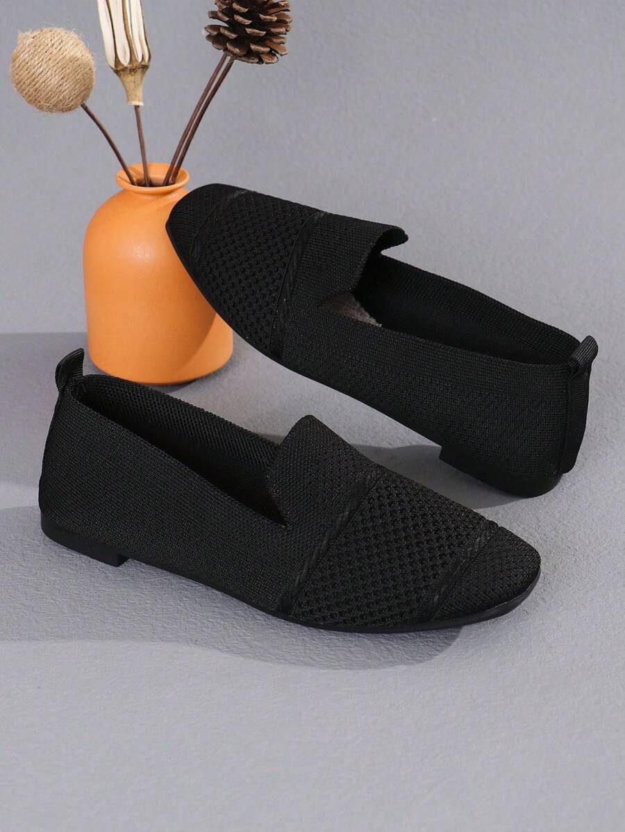 Women's Knitted Flat Loafers, Comfortable Square Toe Dolly Shoes, Breathable Mother Shoes For Spring/Autumn