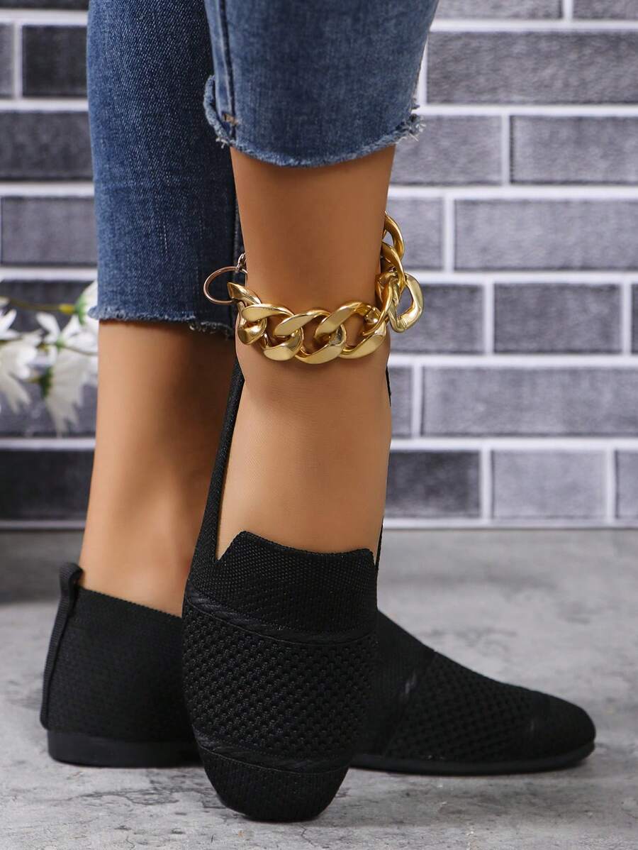 Women's Knitted Flat Loafers, Comfortable Square Toe Dolly Shoes, Breathable Mother Shoes For Spring/Autumn
