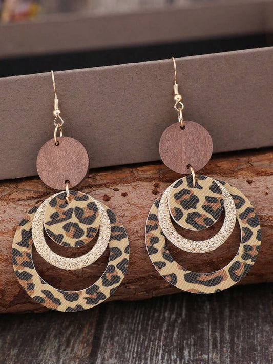 Leopard Print Earrings with Sparkling Sequin Inlaid Wooden and PU Leather Design