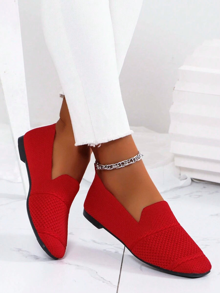 Women's Knitted Flat Loafers, Comfortable Square Toe Dolly Shoes, Breathable Mother Shoes For Spring/Autumn
