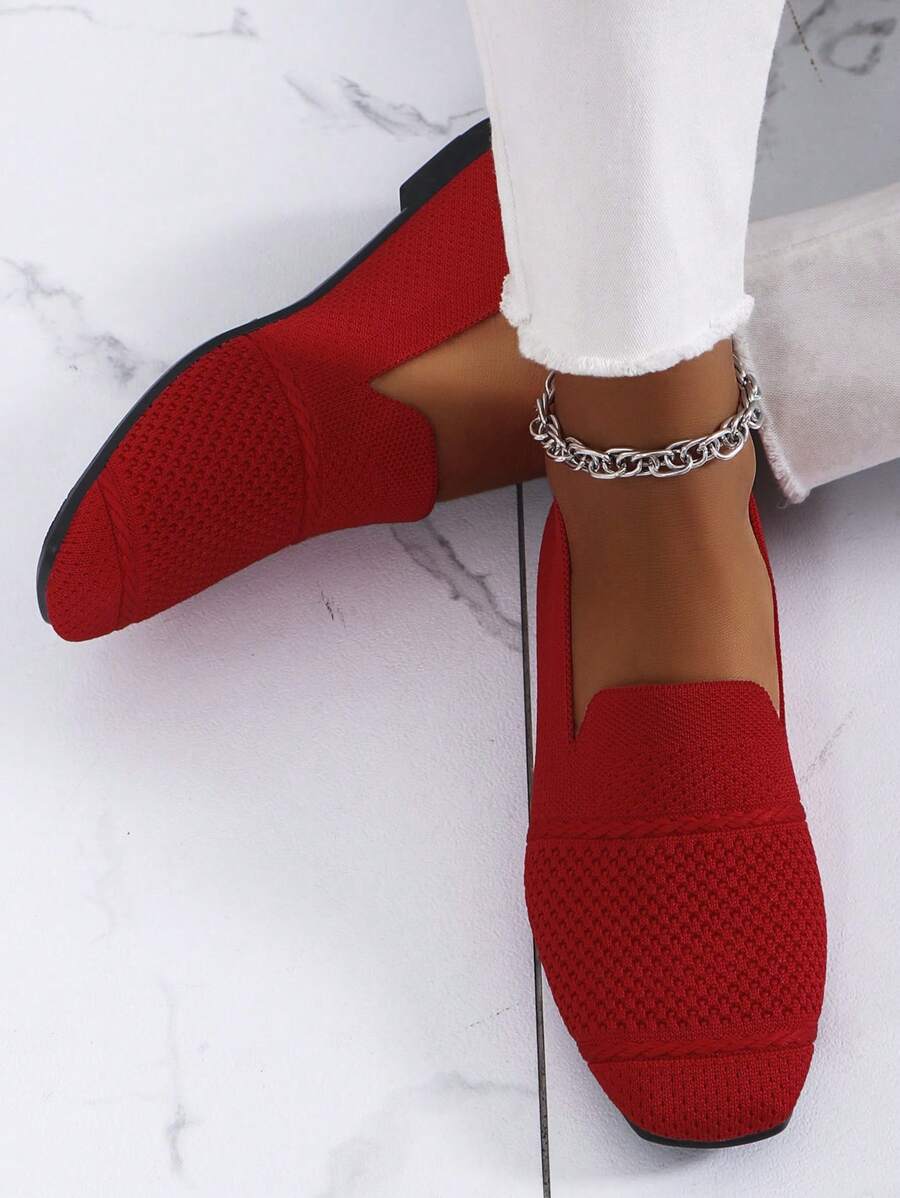 Women's Knitted Flat Loafers, Comfortable Square Toe Dolly Shoes, Breathable Mother Shoes For Spring/Autumn