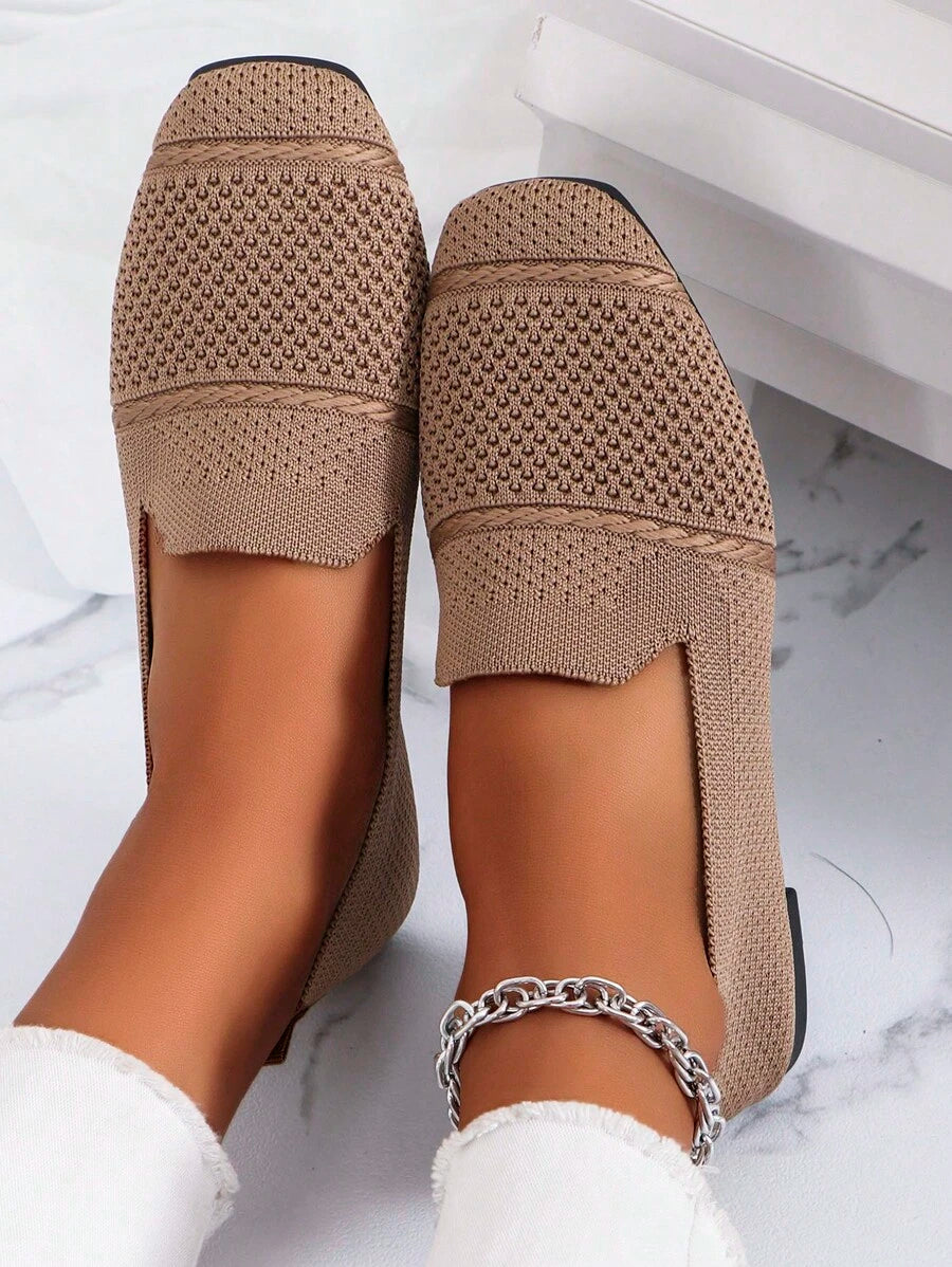 Women's Knitted Flat Loafers, Comfortable Square Toe Dolly Shoes, Breathable Mother Shoes For Spring/Autumn