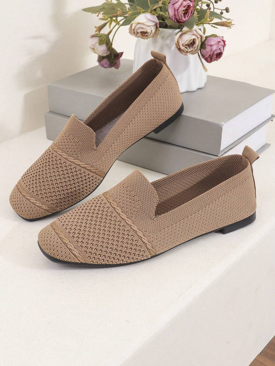 Women's Knitted Flat Loafers, Comfortable Square Toe Dolly Shoes, Breathable Mother Shoes For Spring/Autumn