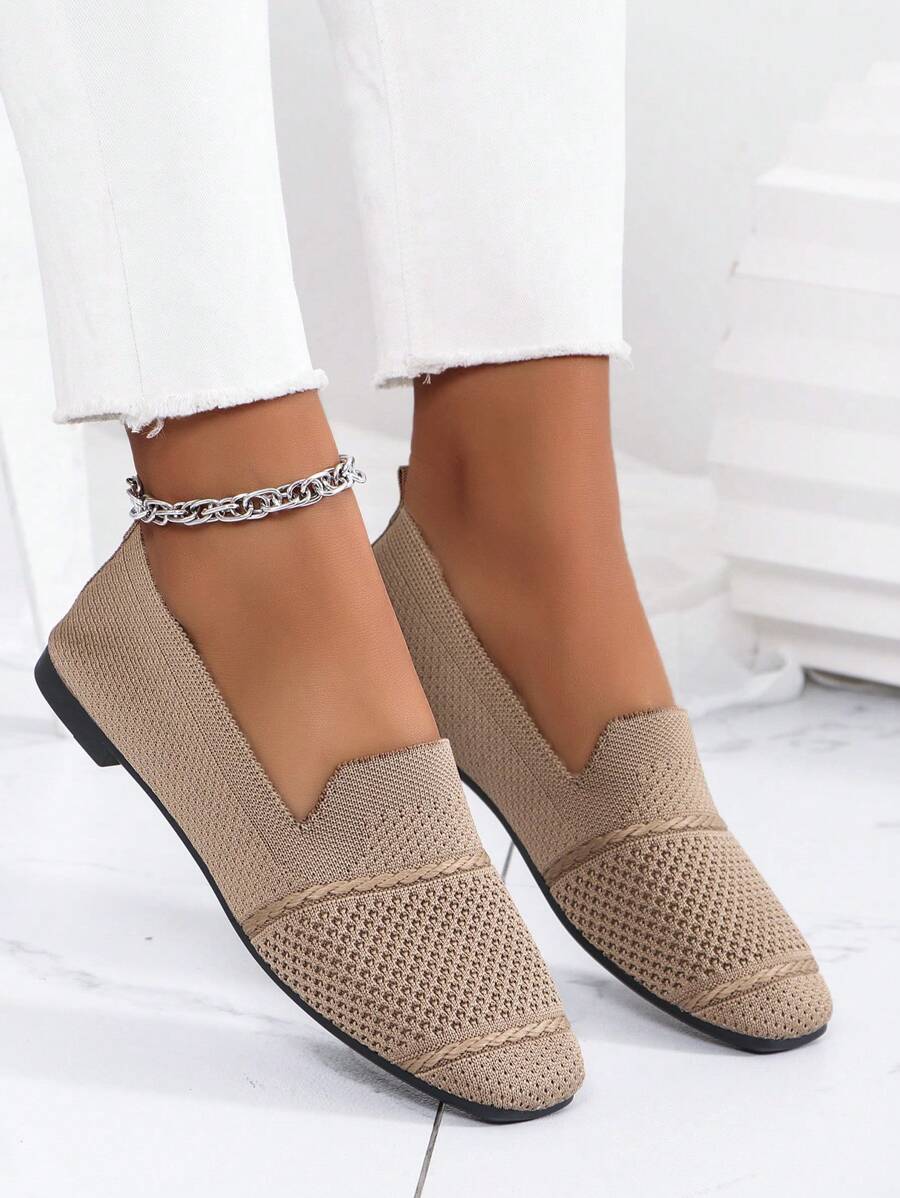 Women's Knitted Flat Loafers, Comfortable Square Toe Dolly Shoes, Breathable Mother Shoes For Spring/Autumn