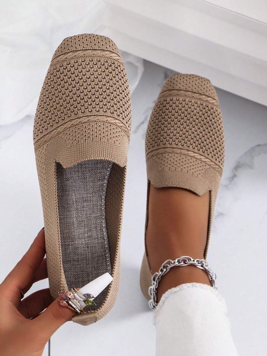 Women's Knitted Flat Loafers, Comfortable Square Toe Dolly Shoes, Breathable Mother Shoes For Spring/Autumn