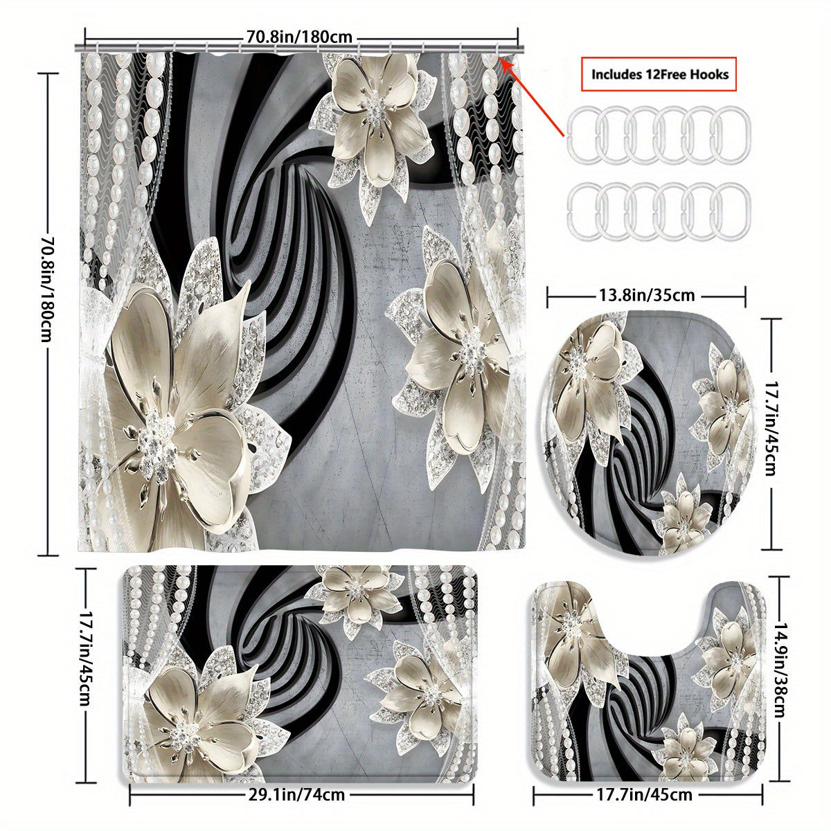Set of 4 Diamond Flower Shower Curtains Bathroom Decor Set