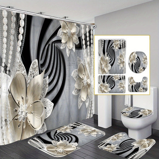 Set of 4 Diamond Flower Shower Curtains Bathroom Decor Set
